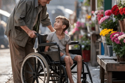 Hombre sin hogar y discapacitado le dio su silla de ruedas a un niño pobre que no podía caminar