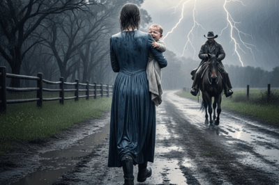 Alone, a mother sings to her baby in the middle of a storm… until a widowed farmer appears.