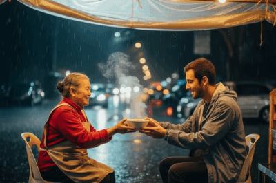 She lost her child on a rainy night. Many years later, a young man came to the old woman’s shop to beg for food.