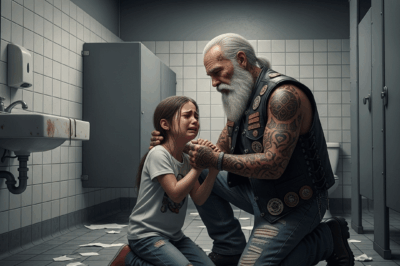 Six-year-old girl with bruises begged a scary biker to save her from her stepfather.